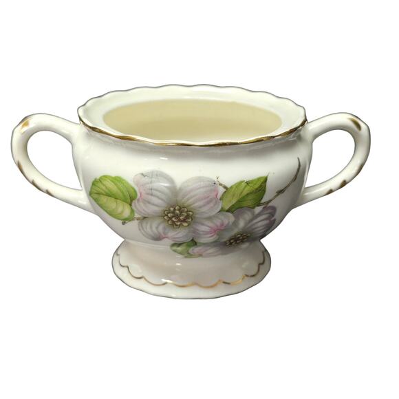 Vintage Pope Gosser China Floral Dogwood Pattern Ceramic Sugar Bowl Made In USA - Picture 1 of 10